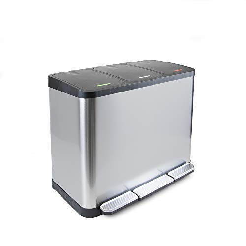 EMUCA - Contenedor de reciclaje, Cubo de basura exterior, 3 compartimentos de 9L, cierre suave, Acero Inoxidable