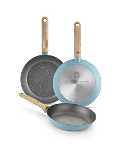 BRA Set de sartenes 18-22-26 cm, aluminio forjado con antiadherente, aptas para todo tipo de cocinas incluida inducción, Turquesa, 18-22-26 cm