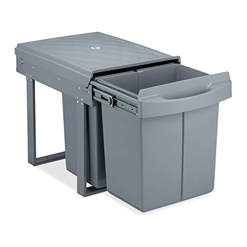 Relaxdays Cubo de Basura 3 Compartimentos, Papelera Cocina Extraíble Bajo Fregadero, 20 L y 2x 10L, 41x33,5x52 cm, Gris
