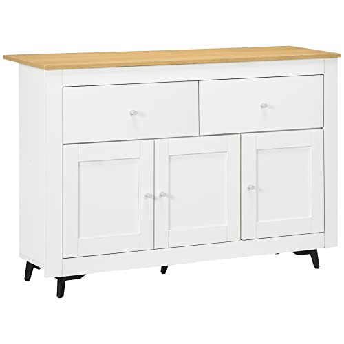 HOMCOM Aparador de Cocina Mueble Auxiliar de Cocina con 2 Cajones 3 Puertas y Estante Interior Ajustable 117x35x80 cm Blanco