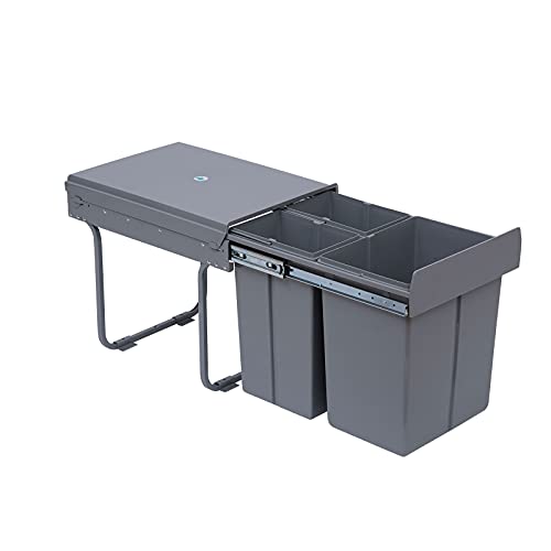 HOMCOM Cubos de Basura Extraíbles para Cocina 3 Contenedores de Reciclaje 1x20L y 2x10L Clasificación de Residuos Metal y Plástico 48x34,2x41,8 cm Gris