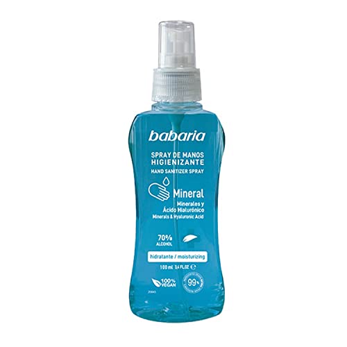 Babaria - Spray de Manos Hidroalcohólico Antiséptico Mineral, Acción Hidratante, con Zinc, Magnesio, Potasio y Ácido Hialurónico, 70% de Alcohol, Uso Exclusivo en Piel Sana - 100 ml