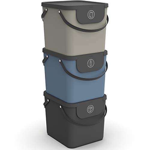 Rotho Albula Juego de 3 sistemas de separación de residuos 40l para la cocina, Plástico (PP) sin BPA, antracita/azul/cappuccino, 3 x 40l (40.0 x 35.8 x 34.0 cm)