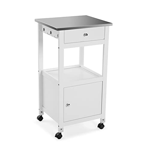 Versa Osijek Carro de cocina con ruedas, cajones y botellero, Verdulero con despensa y organizadores, con ruedas y cajón, Medidas (Al x L x An) 88 x 40 x 47 cm, Madera, Color Blanco y marrón