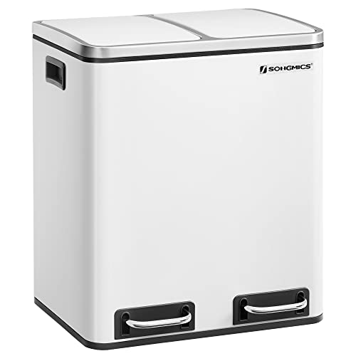 SONGMICS Cubo de Basura de Cocina, 2 x 15 L, Basurero con Cubeta Doble para Reciclaje y Residuos, Papelera de Pedal, Tapas de Cierre Suave, para Familias Pequeñas, Acero, Blanco LTB30WT