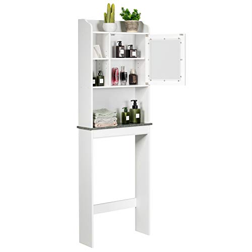 COSTWAY Mueble sobre Inodoro con Estantes y Puerta de Vidrio,Armario de Almacenamiento sobre el Inodoro WC, Armario para Lavadora Estante Ajustable de 5 Posiciones, 59 x 19 x 173 cm
