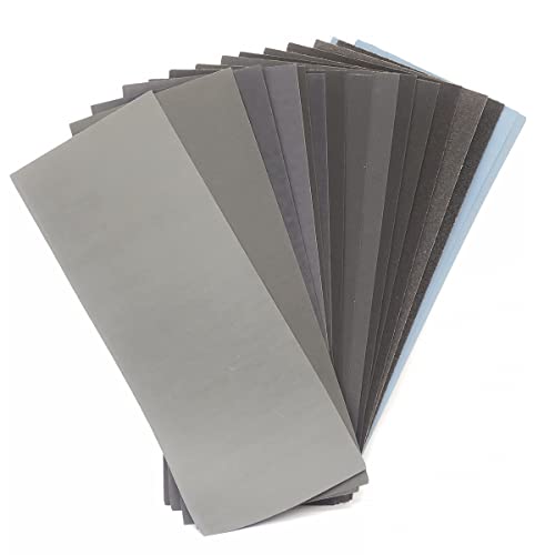 Papel de lija superfino de grano 120 a 10,000, lijado en húmedo o en seco, utilizado para metal, tratamiento de superficies de madera, pulido de modelos de automóviles (9 x 3,6 pulgadas 17 piezas)