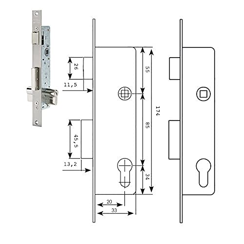Tesa Assa Abloy 221028SSI Cerradura Monopunto De Palanca Deslizante Para Perfiles Metálicos Inoxidable Entrada 20 mm 2210