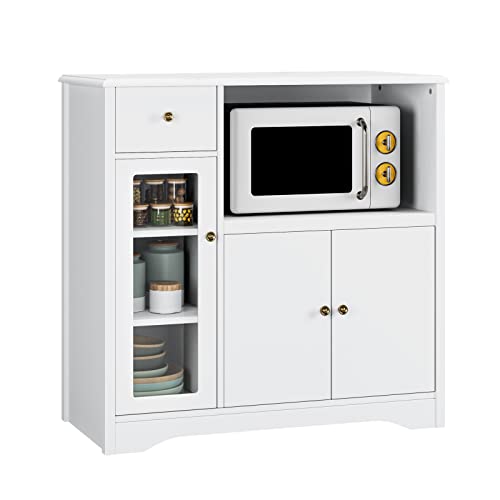 HOCSOK Aparador Cocina para Microondas Alacena de Cocina con 3 Estantes Puertas y Cajones Mueble de Almacenamiento para Cocina y Comedor de Madera Blanco 90 x 40 x 82 cm