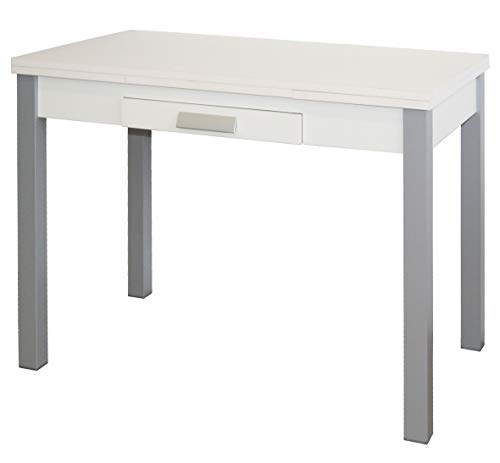 Mesa Cocina Extensible Mins Color Blanco 1 Cajon Apertura alas Pata Gris 76x100/160x60 cm
