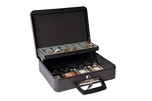 Arregui, Cashier Clip C9244H-EUR Caja Caudales con Llave para Contar y Transportar Dinero, Caja de acero con bandeja para Monedas y clips Billetes, Caja fuerte portatil con asa maletín, Negro