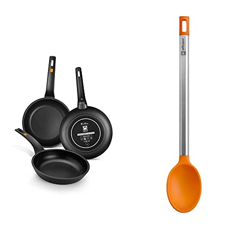 BRA Efficient-Set De 3 Sartenes, 20-24-28 Cm, Aluminio Fundido con Antiadherente Platinum Plus, Negro + Efficient Cuchara De Cocina, Acero INOX, Nailon Y Silicona, Naranja, 35 Cm