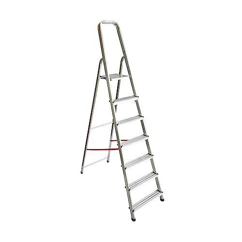 HOMELUX Escalera Doméstica Soporta Hasta 150Kg | Escalera Plegable Doméstica | Ancho Del Peldaño 8cm, 7 Peldaños, 5 kg | Escalera Profesional | Escaleras de Aluminio | Escaleras Plegables Aluminio