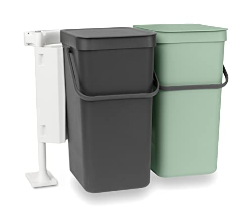 Brabantia - Cubo de Basura Sort & Go 2x16L - Papelera Empotrada Doble - Tapa en Posición Abierta - Asa de Transporte - Fácil de Limpiar - para Debajo de la Cocina - Grey/Jade Green - 52 x 37 x 43 cm