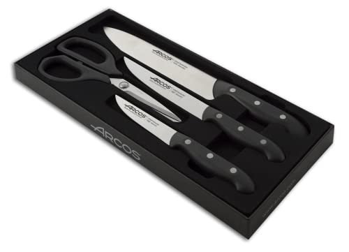 Arcos Juego de Cuchillos de Cocina cuatro piezas. 3 Cuchillos chef y 1 tijeras Acero Inoxidable y mango ergonómico polioximetileno para cortar carne. pescado y verduras. Serie Maitre. Color negro