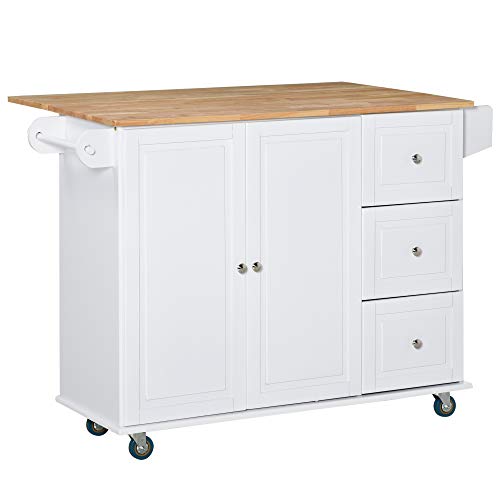 HOMCOM Carro de Cocina con Ruedas Carrito de Servicio con Encimera Extendida 3 Cajones 1 Armario con Estante Ajustable Interior Barra de Colgar y Especiero 128,8x75,5x92,5 cm Blanco