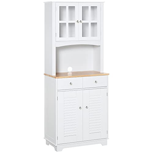 HOMCOM Mueble Auxiliar de Cocina Aparador Alacena con 2 Armarios de Puertas 2 Cajones y Estante Abierto para Microondas 68x39,5x170 cm Blanco