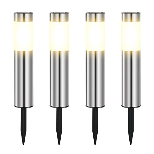 Heinstian Luces Solares Jardín, Blanco Cálido LED Blancas CáLidas para Luces Solares para Exterior de Acero Inoxidable IP65 Impermeables para Patio, CéSped, Senderos y Caminos de Jardín (4 Pack)