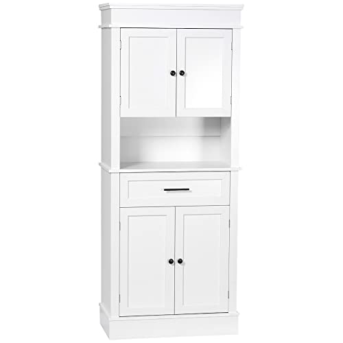 HOMCOM Alacena de Cocina Aparador de Comedor Mueble Auxiliar para Microondas con 4 Puertas 1 Cajón y Estante Abierto para Salón 74x39,5x183 cm Roble