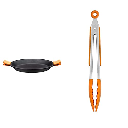 BRA A271632 Efficient - Paellera, Negro, Diámetro superior 32 cm, Diámetro base 25,4 cm, Altura 4.1 cm & Efficient Pinza de Cocina, Acero INOX, Nailon y Silicona, Naranja, 28.5 cm