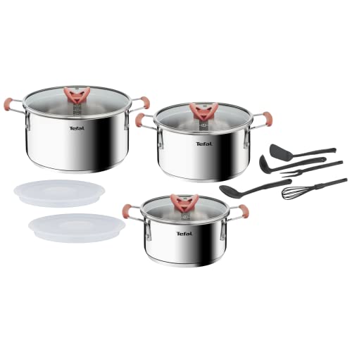 Tefal OptiSpace - Juego 3 ollas 18/20/24 cm + tapa de plástico y acero inoxidable + 5 accesorios, asas antideslizante toque frío, marcas de medida, apto horno y lavavajillas, todo tipo de cocinas