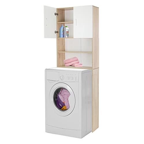 ECD Germany Armario Alto de Lavadora 190 x 62,5 cm Estante con 2 Puertas Mueble de Baño Blanco/Sonoma para Secadora Espacio WC 2 Compartimentos de Almacenamiento Abiertos Columna Auxiliar Lavandería