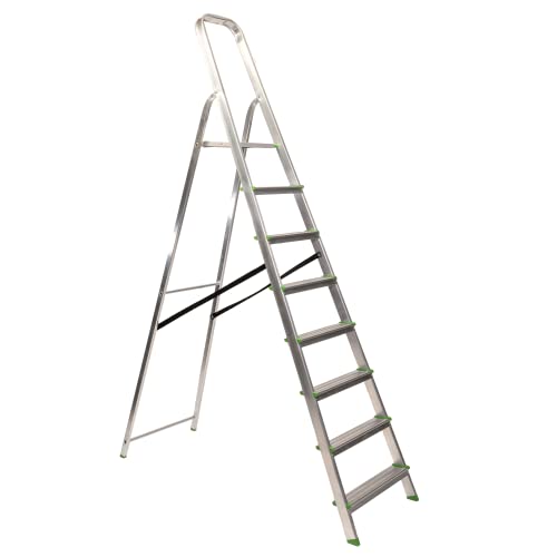 Keroppa, Escalera de Tijera Plegable, Marca Española. Escalera de Aluminio, 8 peldaños, con Gancho de Pared, Multiusos, Antideslizante, Ligera y Resistente, Escalera Doméstica, Fácil Transporte