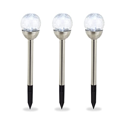 Relaxdays Set de 3 Solares Exterior, Antorchas LED Jardín Redondas, Luz Blanca, con Estaca, Impermeables, Plateado, 40 x 8 cm