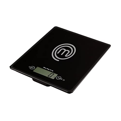 MasterChef Bascula de Cocina Digital, Balanza/Peso para la Alimentos y la Pastelería, Onzas y Gramos (Capacidad 5 kg), Vidrio Templado, Función de Tara y Auto Apagado, Negro