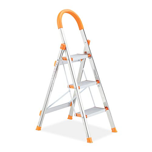 Relaxdays Escalera de Seguridad Plegable de 3 peldaños, hasta 150 kg, con Barra de sujeción, Color Plateado y Naranja, 70% Acero 30% plástico, 3 Stufen