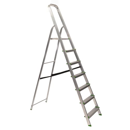 Keroppa, Escalera de Tijera Plegable, Marca Española. Escalera de Aluminio, 7 peldaños, con Gancho de Pared, Multiusos, Antideslizante, Ligera y Resistente, Escalera Doméstica, Fácil Transporte