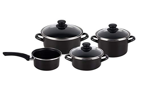 Magefesa Kenia. Batería de Cocina 7 piezas. Material acero vitrificado exterior negro. Antiadherente bicapa Reforzado. Apta para todo tipo de cocinas, especial inducción. 50% de ahorro energético.