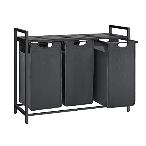 VASAGLE Cesto para Ropa Sucia, Cesta Colada, 3 Bolsas Colada de Tela Oxford Extraíble y Desmontable, Estante, Marco Metálico, 3 x 38 L, 92,5 x 33 x 72 cm, Negro y Gris BLH301G01