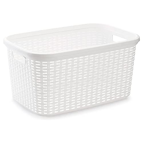 Tradineur - Cesta Rattan para la Colada Rectangular estilo Mimbre, Pongo todo de Plástico, Cesta para ropa, Capacidad de 35 Litros, Color a elegir, 53,5 x 36 x 26,5 cm (Color Blanco)