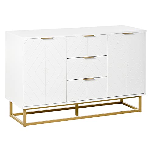 HOMCOM Aparador Auxiliar Armario de Almacenaje con 3 Cajones y 2 Armarios con Puerta Estante Ajustable para Sala de Estar Cocina Salón 120x40x76 cm Blanco