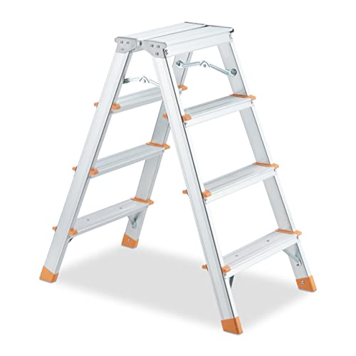 Relaxdays Escalera Plegable de Aluminio, 4 peldaños, hasta 150 kg, transitable por Ambos Lados, Color Plateado y Naranja