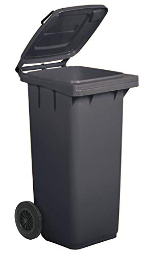 Cubo de HDPE (polietileno de alta intensidad) para uso exterior, de 120 litros, 48 cm (longitud) x 55 cm (profundidad) x 93 cm (altura), con un peso de 9,2 kg, color negro