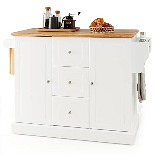 COSTWAY Carro Isla de Cocina con Toallero, Isla de Cocina sobre Ruedas con Encimera de Madera de Caucho, 3 Cajones, 2 Armarios Cerrados con Estantes Ajustables, Toallero Lateral y Especiero, Blanco