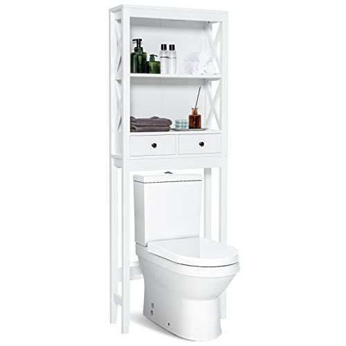 COSTWAY Armario de Almacenamiento sobre Inodoro, Mueble sobre Inodoro con Barra Inferior Ajustable, 2 Estantes Abiertos y Cajón, Armario para Lavadora, Blanco 60 cm x 20 cm x 165,5 cm