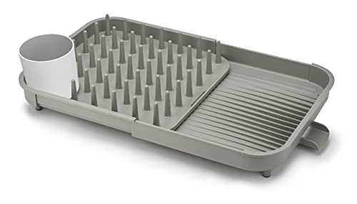 Joseph Joseph Duo - Escurreplatos extensible con bandeja extraíble para cubiertos y canalón integrado, plástico, gris