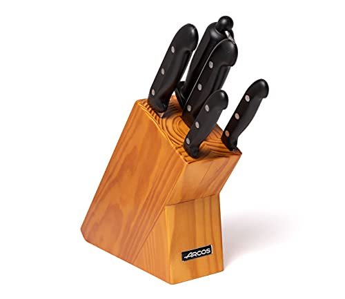 Arcos Maitre - Juego de Cuchillos 5 piezas (4 Cuchillos de Cocina + 1 Chaira para afilar cuchillos), Acero Inoxidable NITRUM, Mango Polipropileno, Bloque madera, Color Marrón