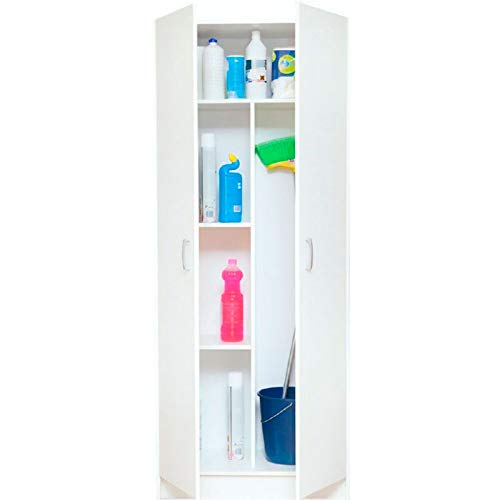 Sbrico Armario Multiusos - Mueble Auxiliar para Almacenaje, Color Blanco con 2 puertas, 4 Estantes y compartimento escobero. Fácil Instalación, Dimensiones: 180 x 73 x 37 cm de Fondo
