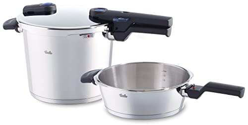 Fissler Vitaquick Juego de ollas a presión, 2 piezas, 6 L y 2,5 L, ambas con un diámetro de 22 cm, acero inoxidable, 2 niveles de cocción, apilables, para todo tipo de placas, también inducción