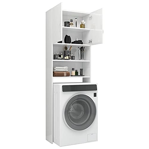 Hogotin Armario Alto de Lavadora, Torre de Armario sobre Inodoro/WC, Organizador sobre Lavadora con 4 Compartimentos, Estante Baño con Repisa Abierta Blanco con Brillo 64x25,5x190 cm