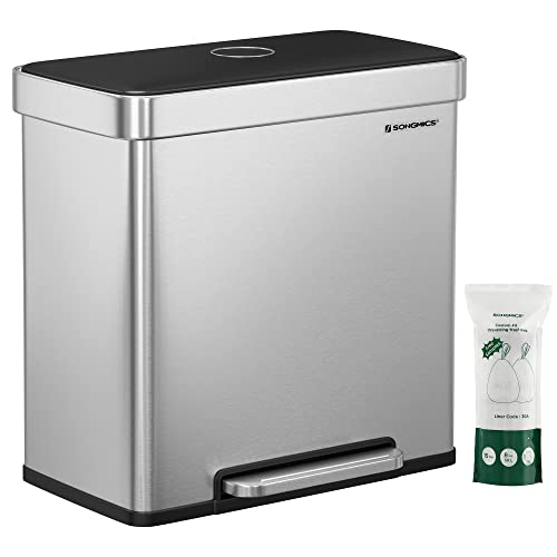 SONGMICS Cubo de Basura Doble, 2 x 30 L, Acero Inoxidable, con 15 Bolsas de Basura, con Cubos Interiores de Plástico, Tapa con Bisagra, Cierre Suave, 58 x 31,5 x 59 cm, Plata LTB202E01