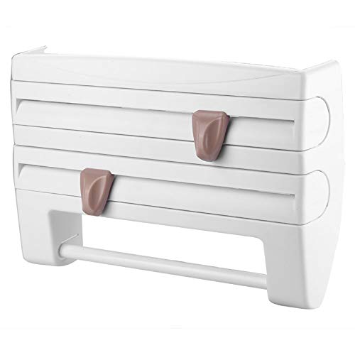 BORDSTRACT Portarrollos de Papel de Cocina, Especiero de Cocina, Dispensador de Papel de Aluminio Y Film, Cortador de Papel, Portarrollos de Papel de Tres Niveles con Cuchillas Afiladas (Blanco)