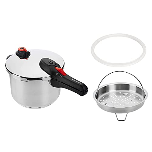 Amazon Basics Olla A Presión de Acero Inoxidable con Vaporizador, 6 Litros, Plateado