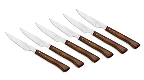 Arcos Juego de 6 Cuchillos de Carne. Paquete de Cuchillos Chuleteros con Filo de Perla para Cortar y Filetear Carne. Hoja serrada Acero Inoxidable y mango madera haya. Serie Mesa