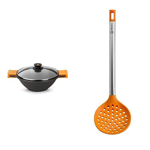 BRA Efficient Sartén Wok Cacerola Cóncava Con Tapa De Cristal, Asas De Silicona, Metal, Negro, 32Cm + Efficient Espumadera De Cocina, Acero Inox, Nailon Y Silicona, Naranja, 36.5 Cm
