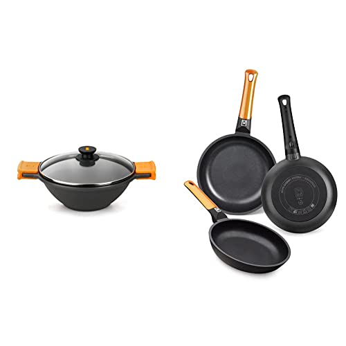 BRA Efficient - Sartén Wok/cacerola cóncava 28 cm, con tapa de cristal, asas de silicona & Efficient Orange Set De 3 Sartenes, Aluminio, Negro, 20-24-28 cm [Amazon Exclusive]